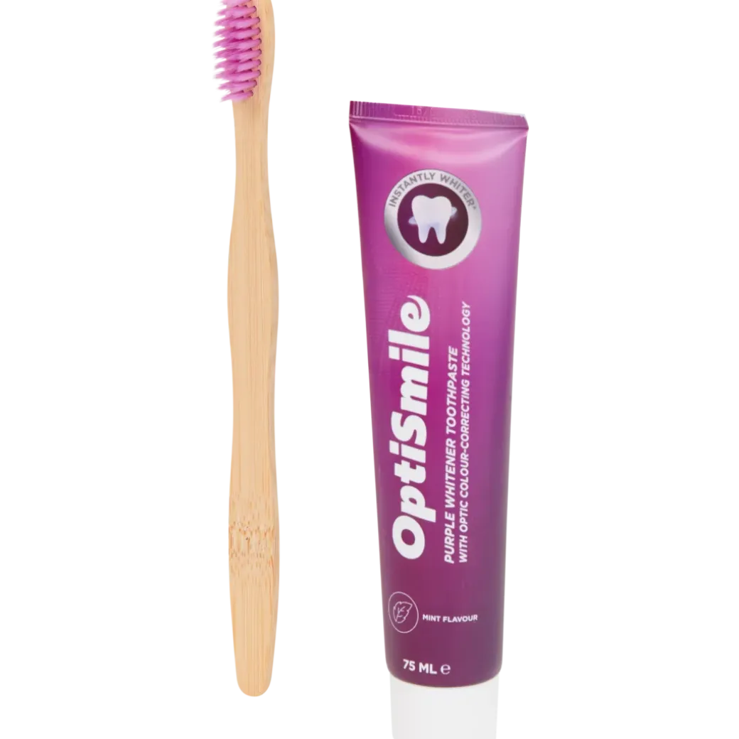 Dentifrice et brosse à dents OptiSmile Purple Whitening | Action FR